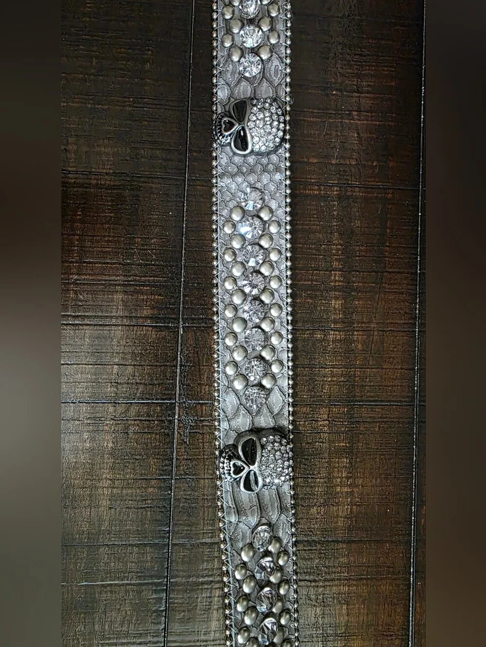 Skull And Rhinestone Studded Snakeskin Belt Grey Blingy 35